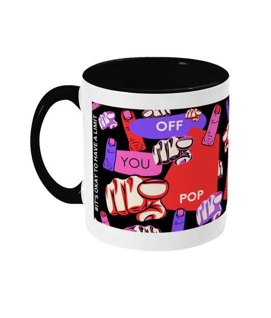 Off You Pop Two Tone Mug -Red/Purple Design with Black Background  (Various Handle and Inner Colours Available)