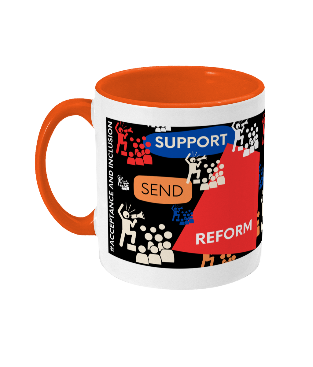 Support SEND Reform Two Tone Mug - Red/Blue Design with Black Background (Various Handle and Inner Colours Available)