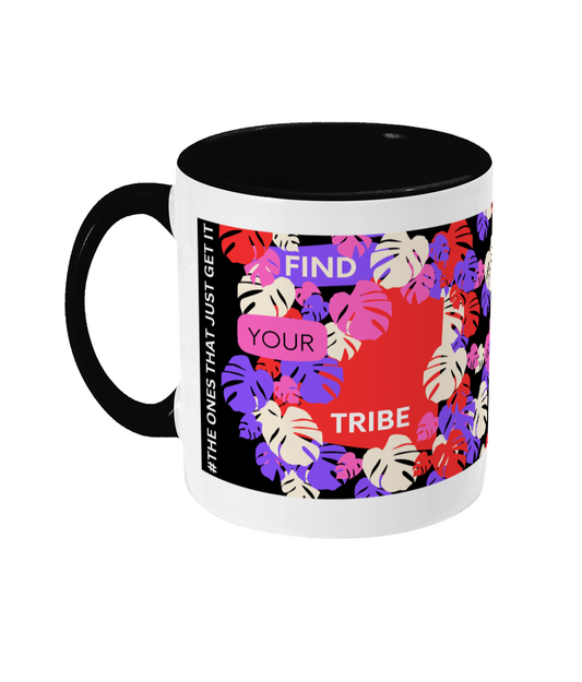 Find Your Tribe Two Tone Mug - Red/Purple Design with Black Background (Various Handle and Inner Colours Available)