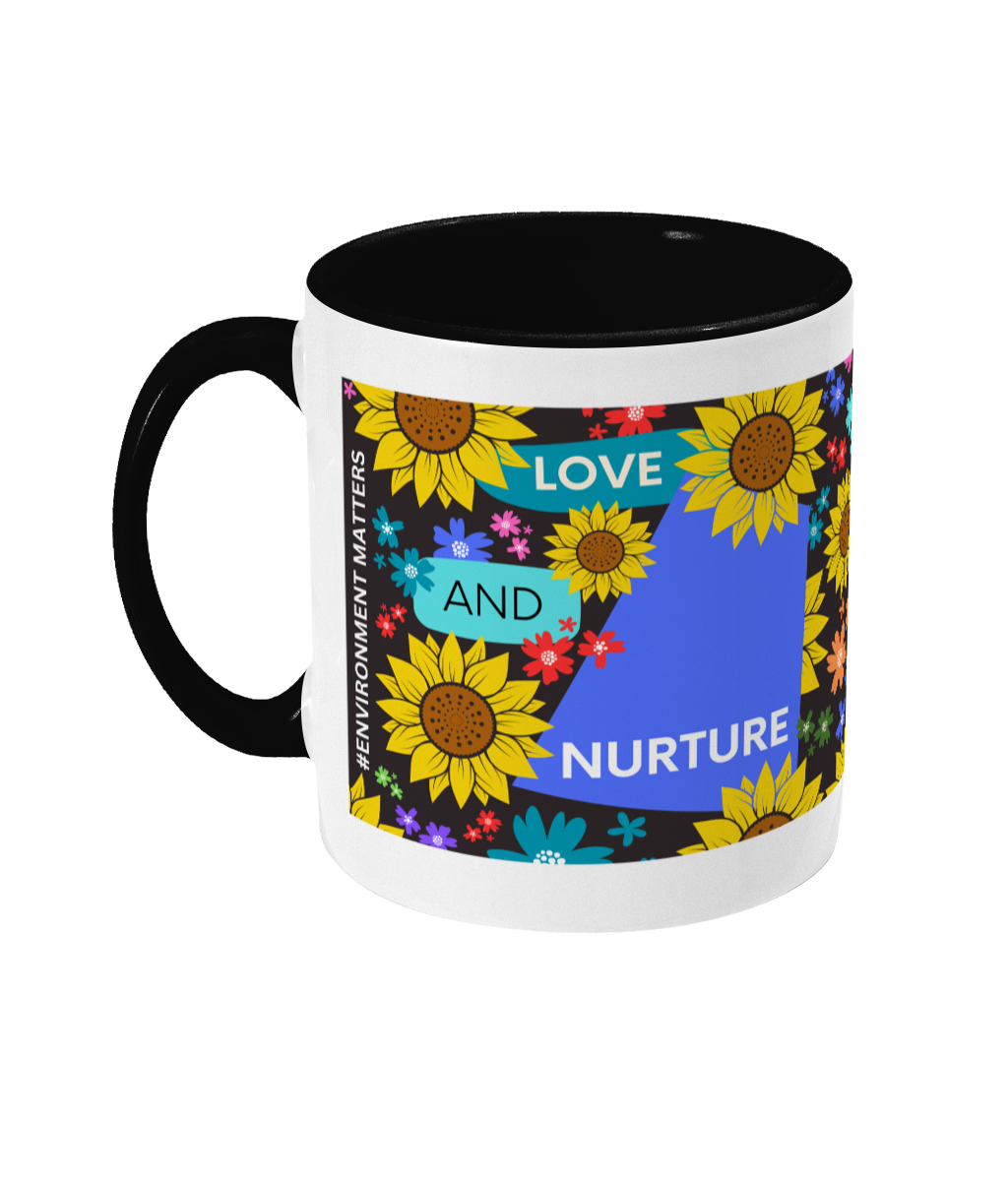 Love and Nurture Two Tone Mug - Blue/Teal Design with Black Background