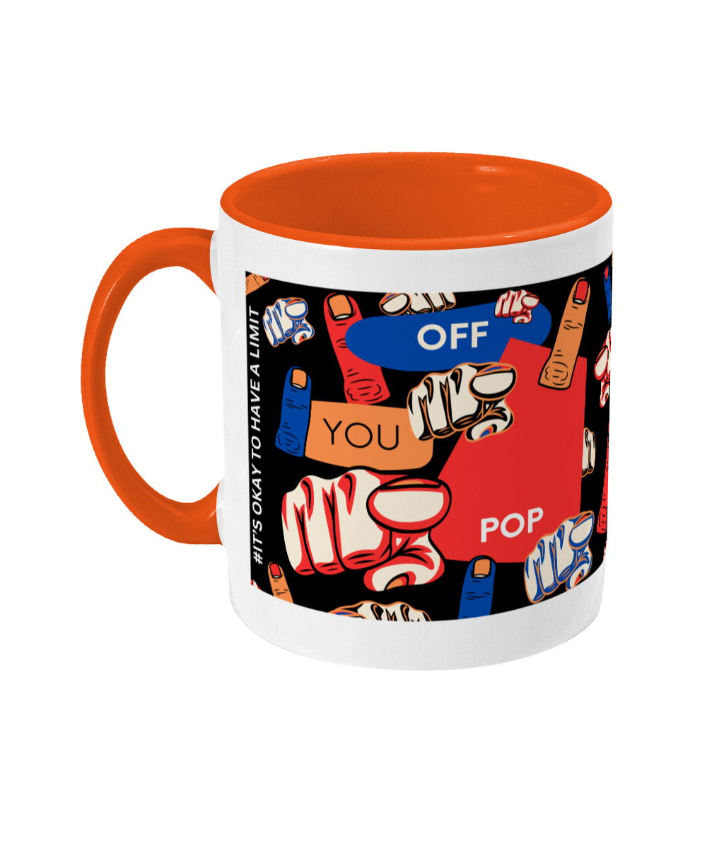 Off You Pop Two Tone Mug - Red/Blue Design with Black Background (Various Handle and Inner Colours Available)