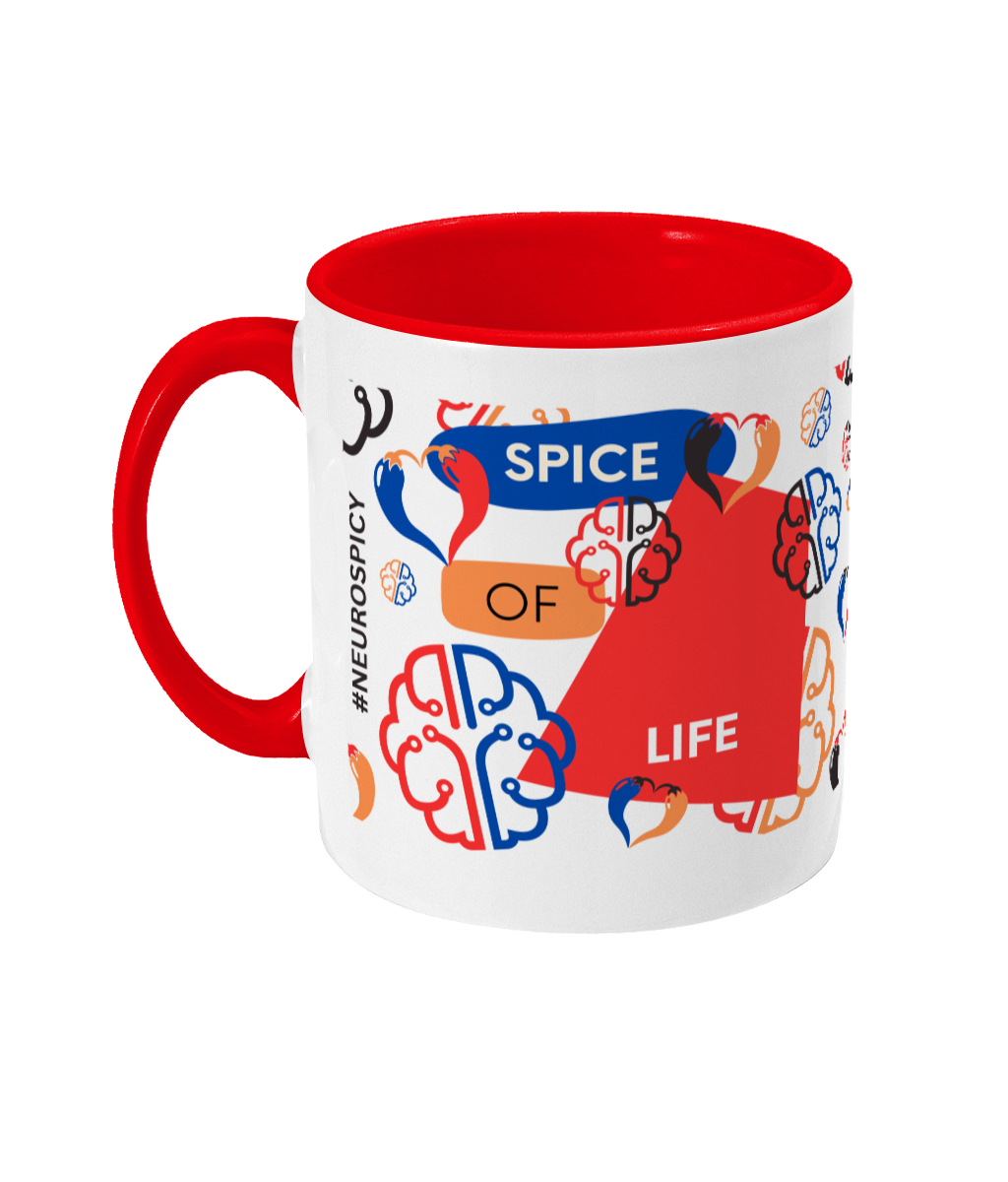 Spice Of Life Two Tone Mug - Red/Blue Design with No Background (Various Handle and Inner Colours Available)