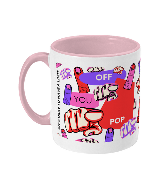 Off You Pop Two Tone Mug - Red/Purple Design with No Background (Various Handle and Inner Colours Available)