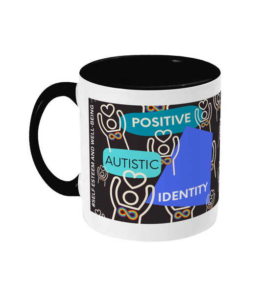 Positive Autistic Identity Two Tone Mug - Blue/Teal Design with Black Background (Various Handle and Inner Colours Available)