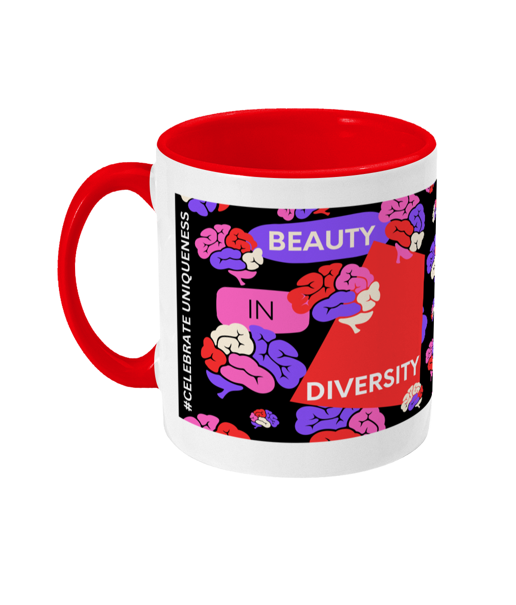 Beauty In Diversity Two Tone Mug - Red/Purple Design with Black Background (Various Handle and Inner Colours Available)