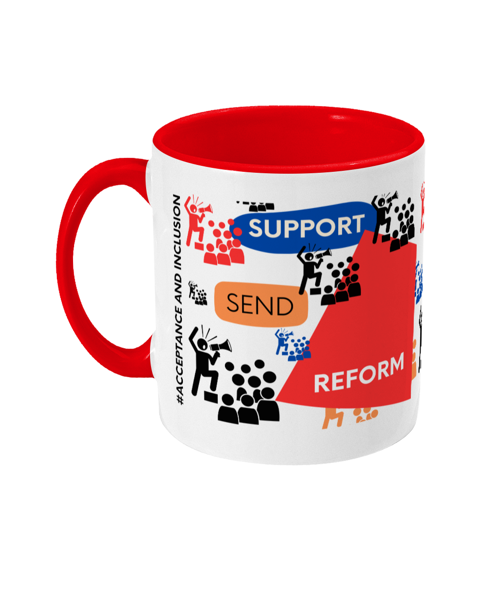 Support SEND Reform Two Tone Mug - Red/Blue Design with No Background (Various Handle and Inner Colours Available)