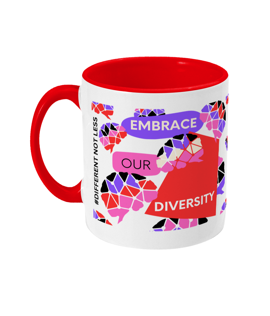 Embrace Our Diversity Two Tone Mug - Red/Purple Design with No Background (Various Handle and Inner Colours Available)