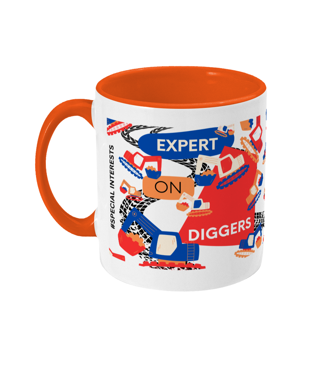 Expert On Diggers Two Tone Mug - Red/Blue Design with No Background (Various Handle and Inner Colours Available)