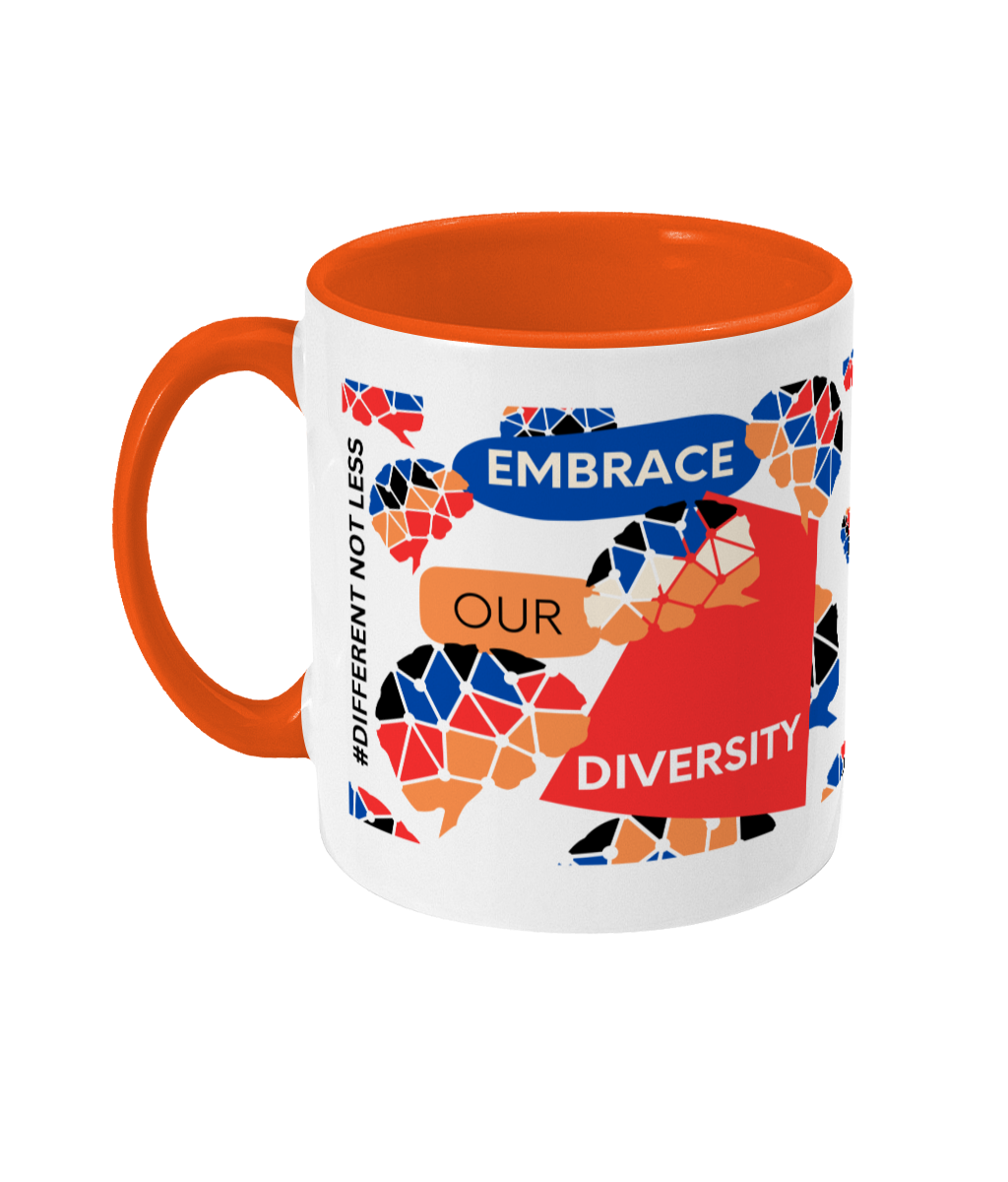 Embrace Our Diversity Two Tone Mug - Red/Blue Design with No Background (Various Handle and Inner Colours Available)