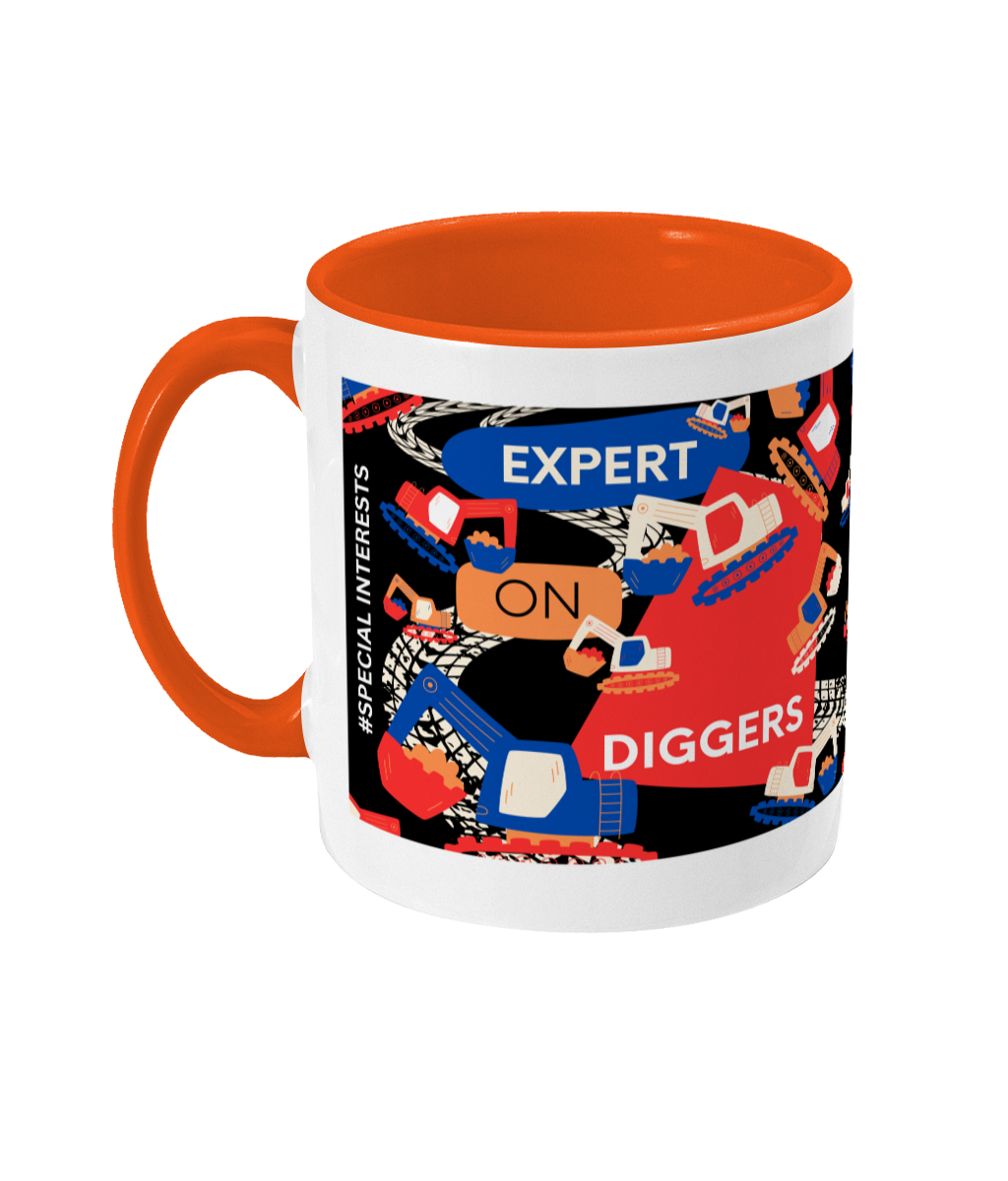 Expert On Diggers Two Tone Mug - Red/Blue Design with Black Background (Various Handle and Inner Colours Available)