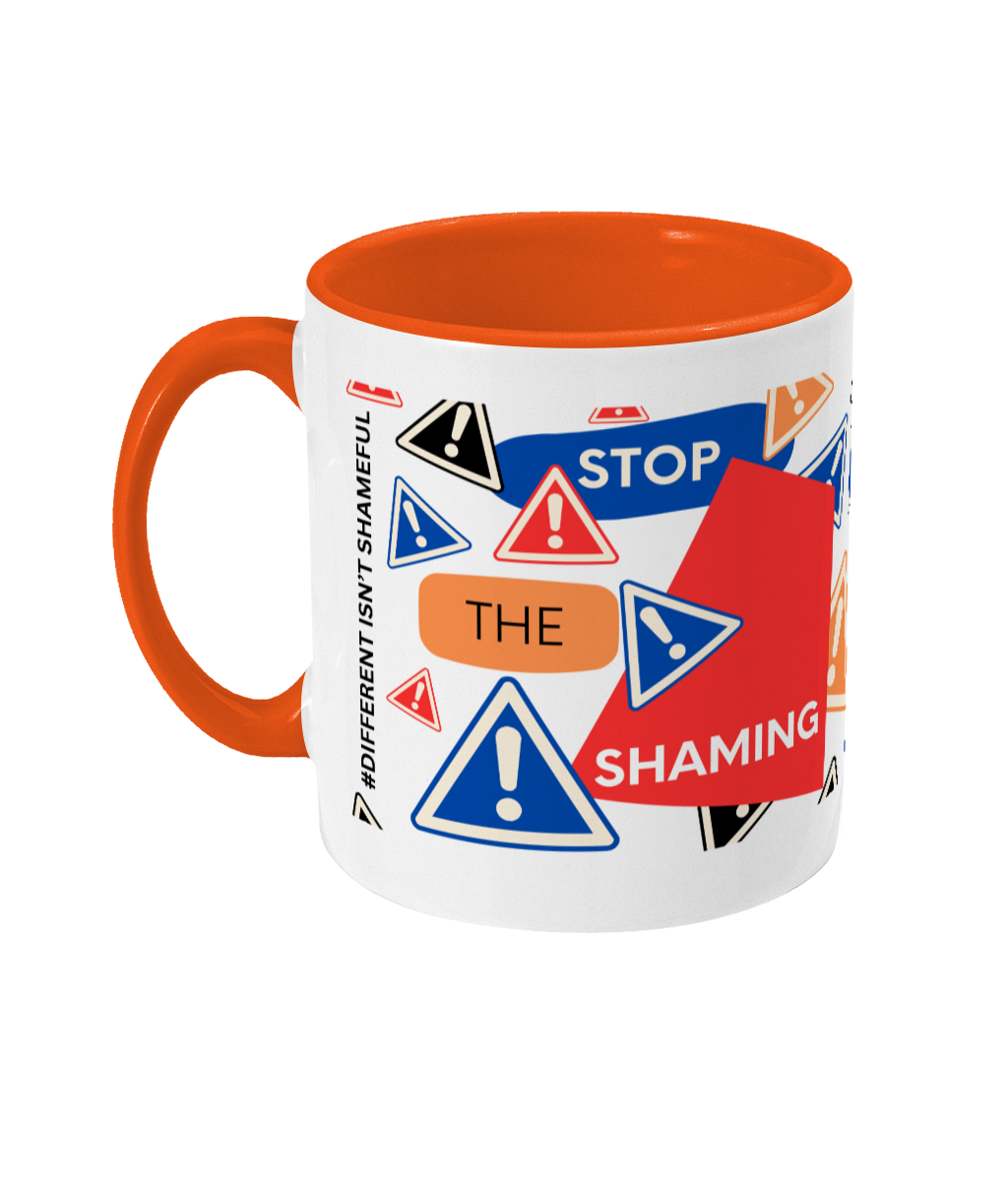 Stop The Shaming Two Tone Mug - Red/Blue Design with Black Background (Various Handle and Inner Colours Available)