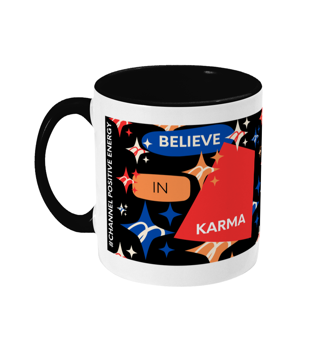 Believe In Karma Two Tone Mug - Red/Blue Design with Black Background (Various Handle and Inner Colours Available)