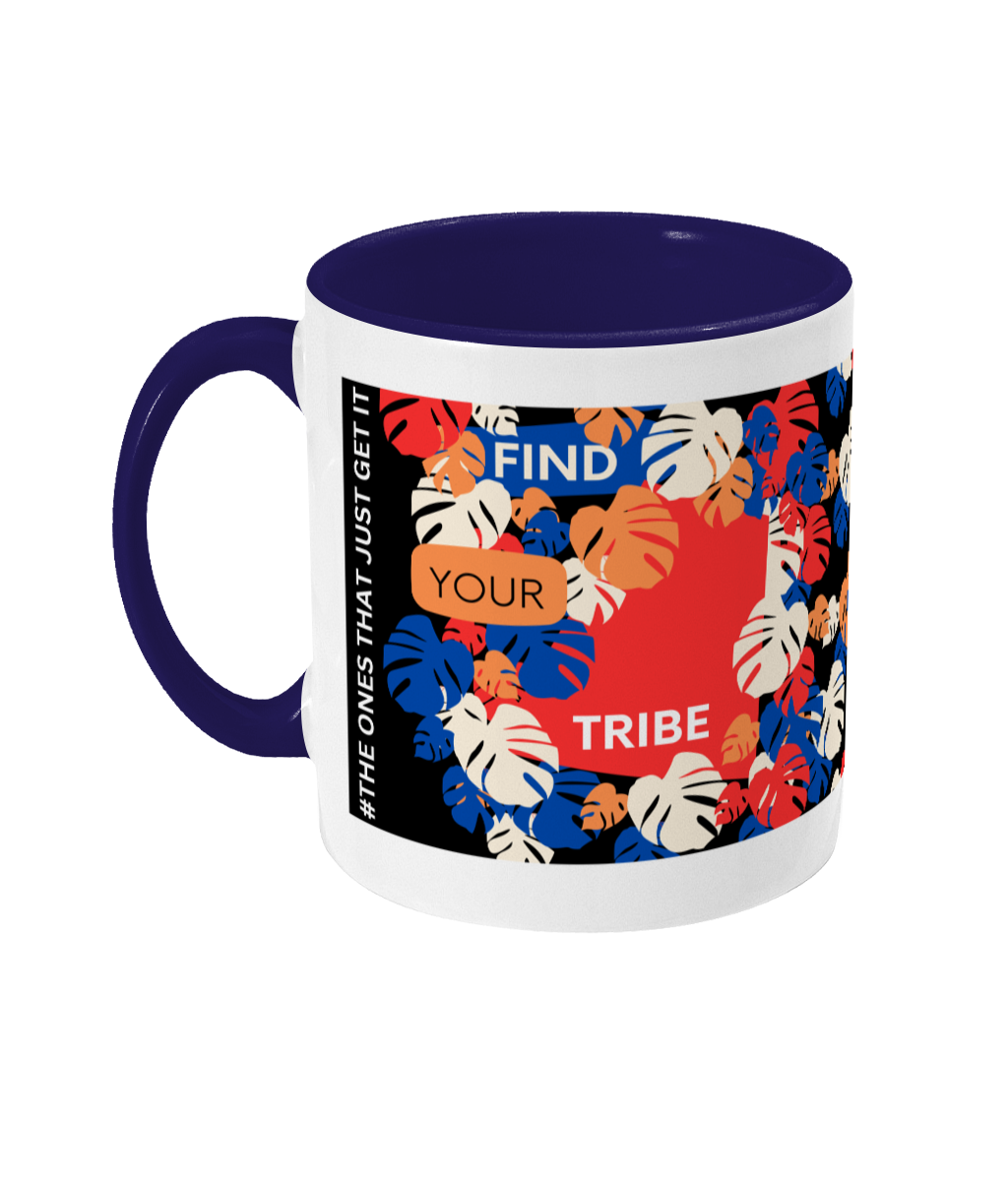 Find Your Tribe Two Tone Mug - Red/Blue Design with Black Background (Various Handle and Inner Colours Available)