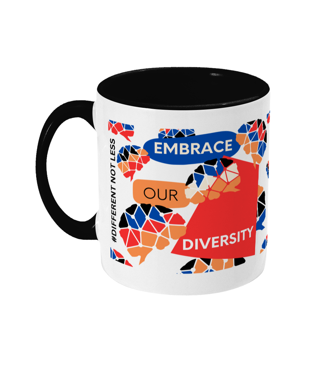 Embrace Our Diversity Two Tone Mug - Red/Blue Design with No Background (Various Handle and Inner Colours Available)