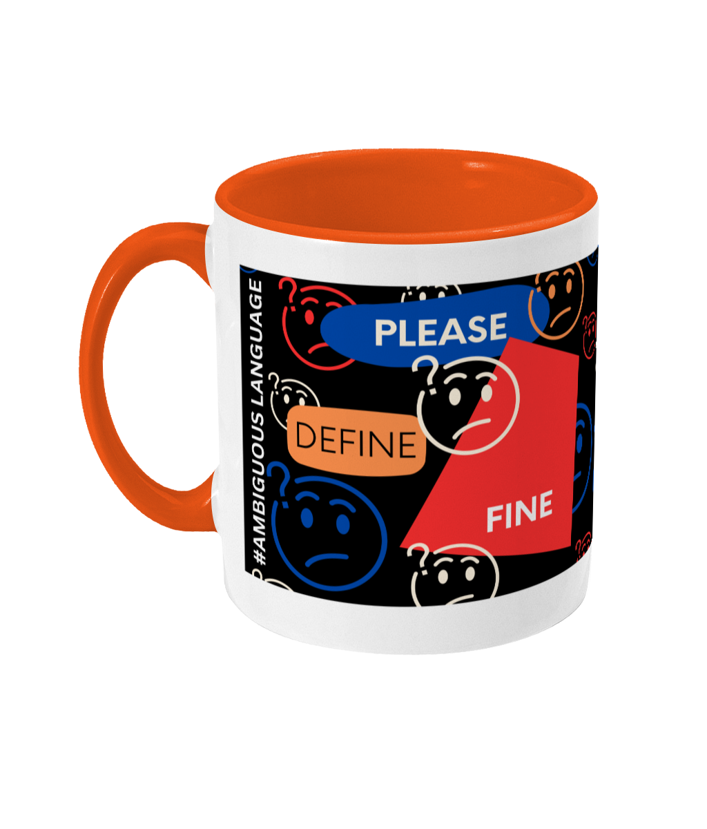 Please Define Fine Two Tone Mug - Red/Blue Design with Black Background (Various Handle and Inner Colours Available)