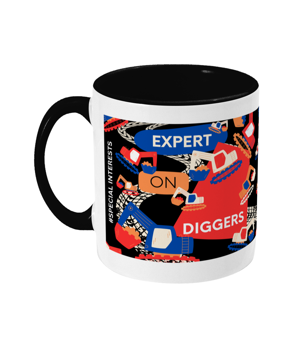 Expert On Diggers Two Tone Mug - Red/ Blue Design with Black Background (Various Handle and Inner Colours Available)