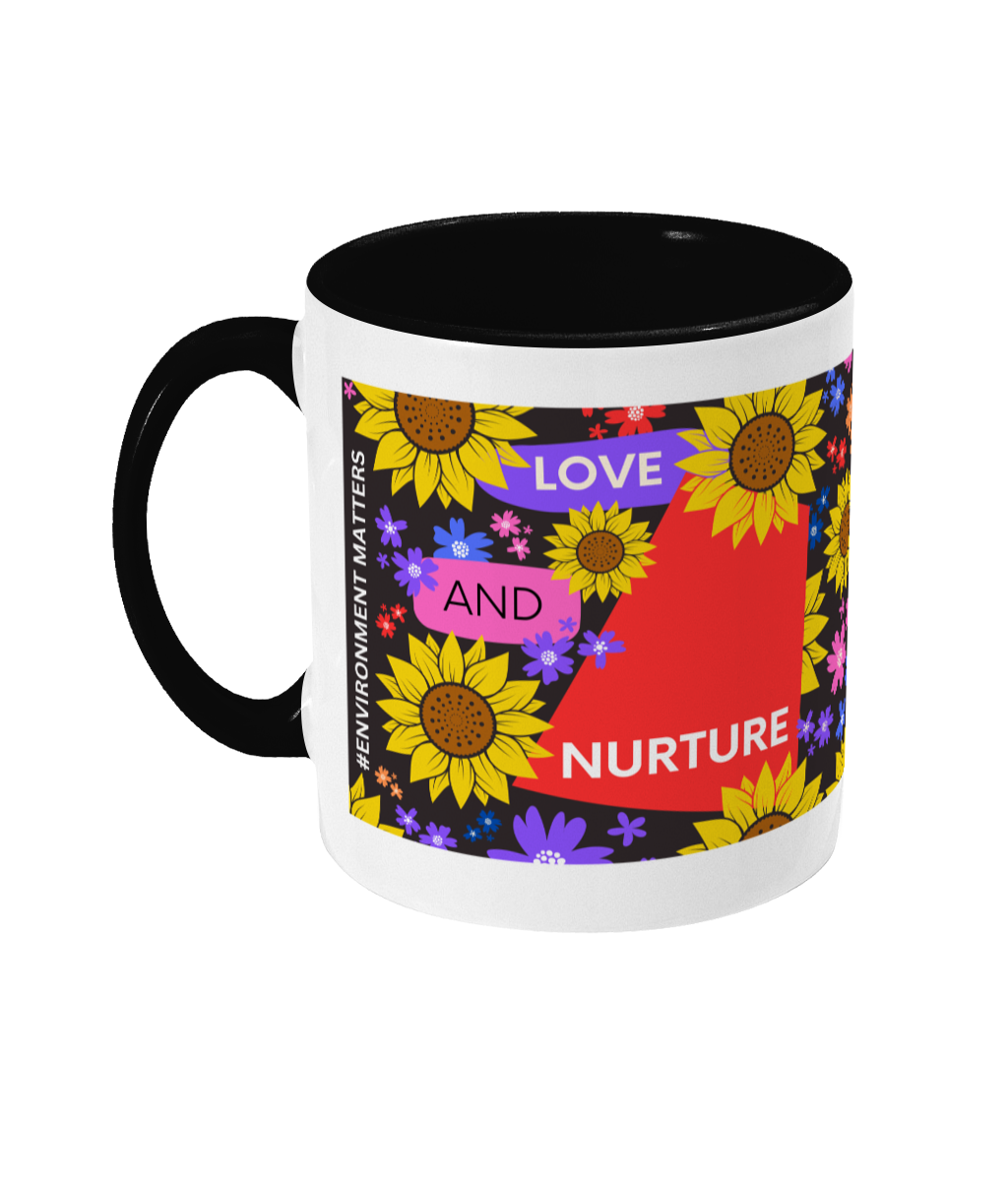 Love and Nurture Two Tone Mug - Red/Purple Design with Black Background