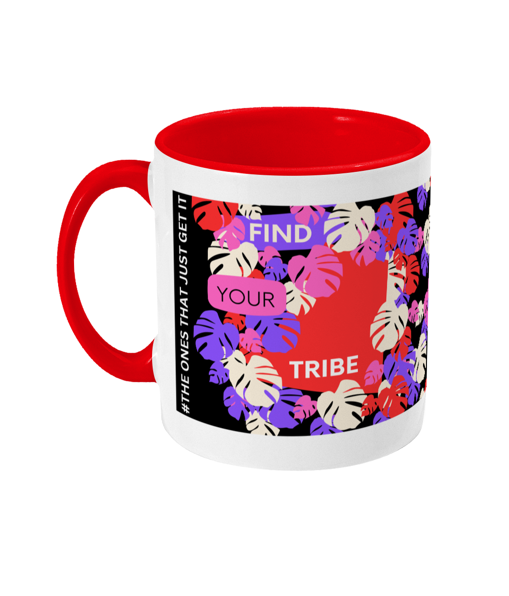 Find Your Tribe Two Tone Mug - Red/Purple Design with Black Background (Various Handle and Inner Colours Available)