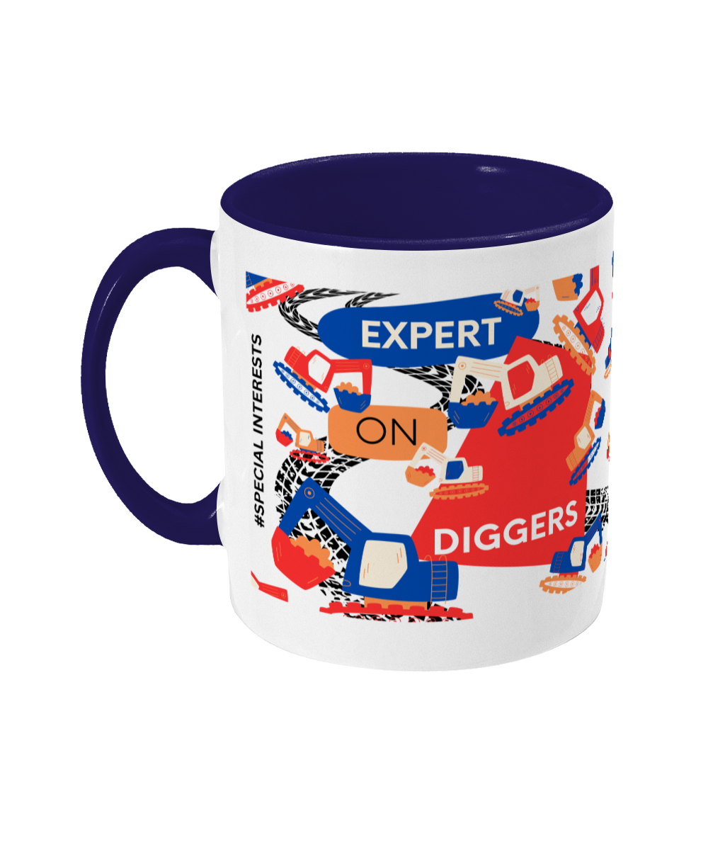 Expert On Diggers Two Tone Mug - Red/Blue Design with No Background (Various Handle and Inner Colours Available)