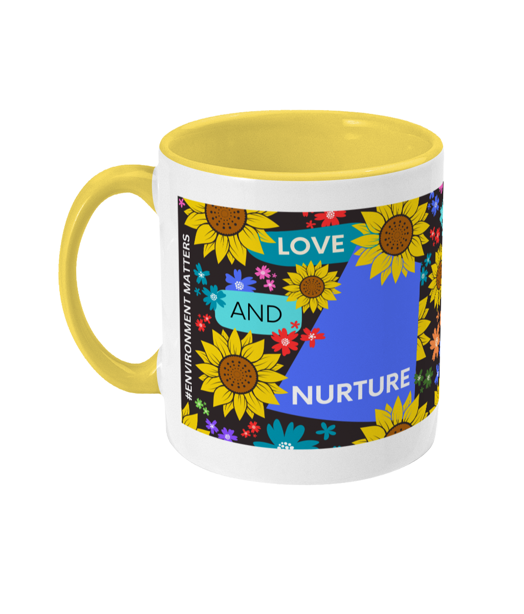 Love and Nurture Two Tone Mug - Blue/Teal Design with Black Background