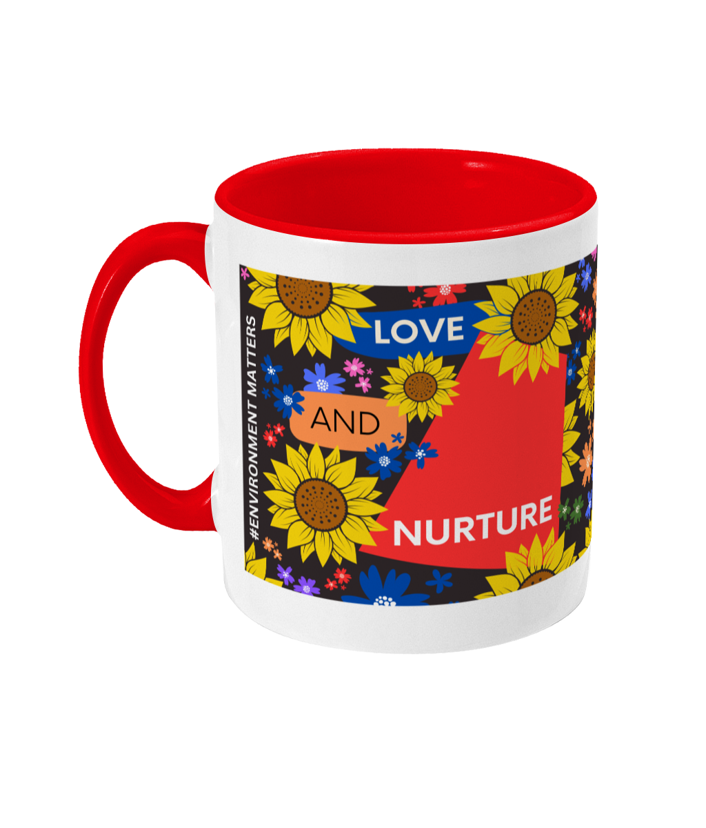 Love and Nurture Two Tone Mug - Red/Blue Design with Black Background