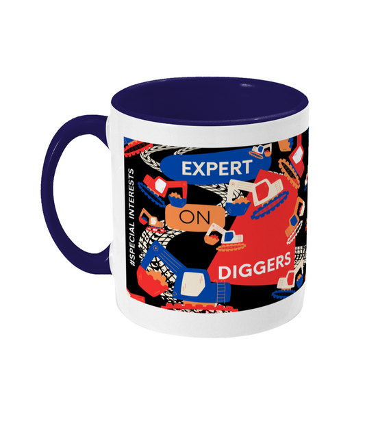 Expert On Diggers Two Tone Mug - Red/Blue Design with Black Background (Various Handle and Inner Colours Available)