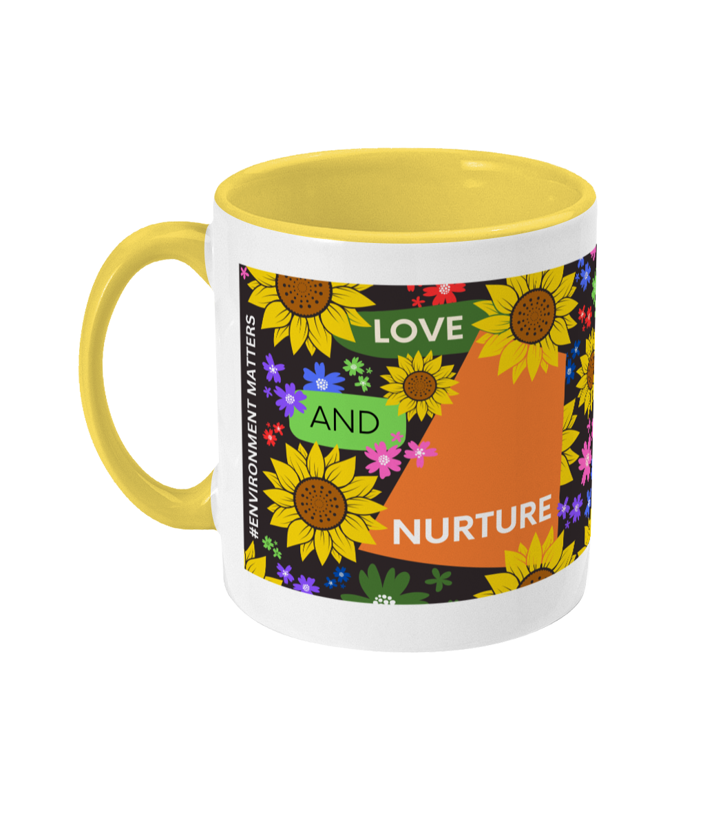 Love and Nurture Two Tone Mug - Orange/Green Design with Black Background