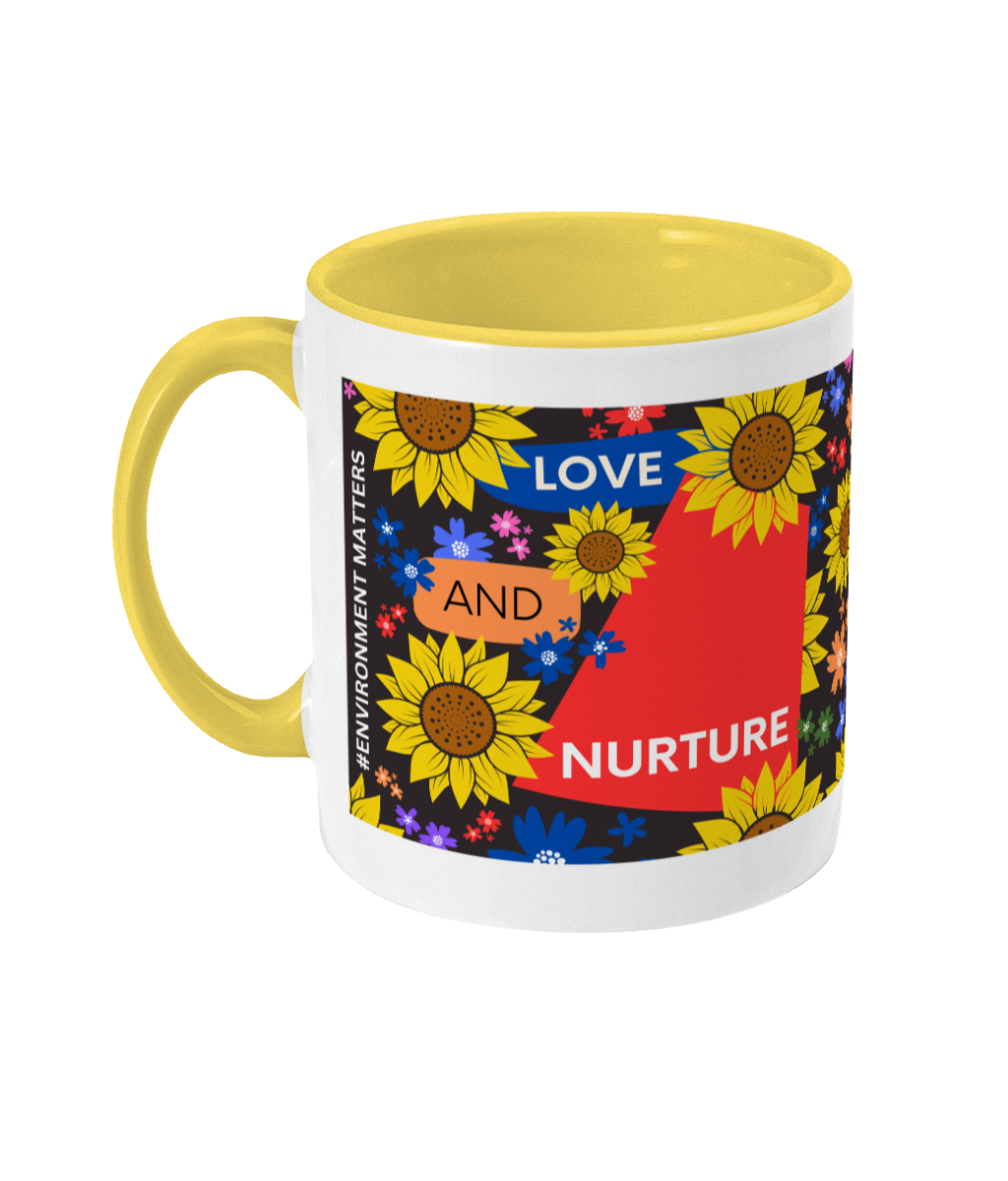 Love and Nurture Two Tone Mug - Red/Blue Design with Black Background