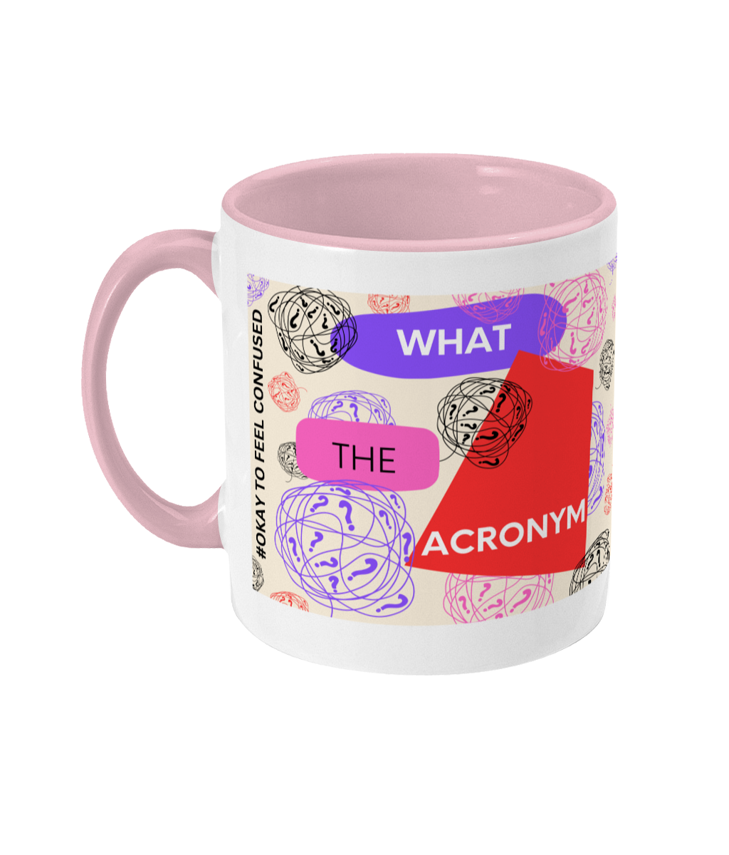 What The Acronym Two Tone Mug - Red/Purple Design with Pink Background