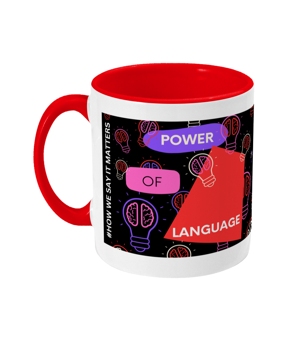 Power Of Language Two Tone Mug - Red/Purple Design with Black Background (Various Handle and Inner Colours Available)