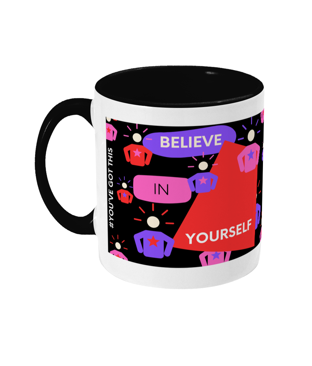 Believe In Yourself Two Tone Mug - Red/Purple Design with Black Background (Various Handle and Inner Colours Available)