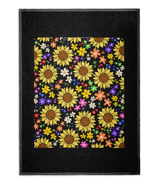 Love and Nurture Floral Design on Black Tea Towel