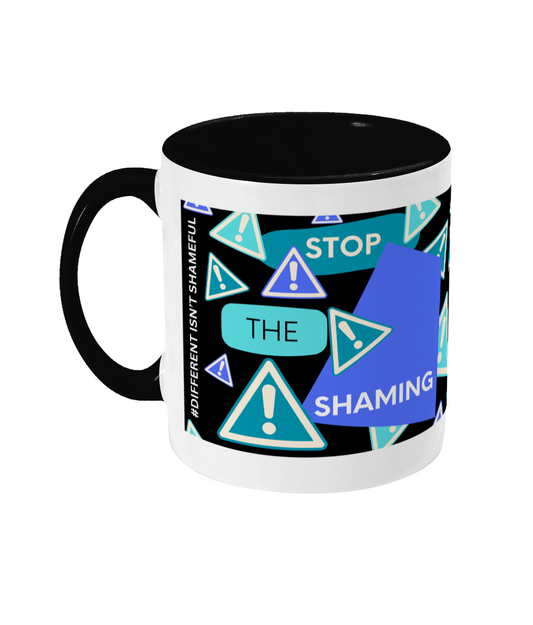 Stop The Shaming Two Tone Mug - Blue/Teal Design with Black Background (Various Handle and Inner Colours Available)