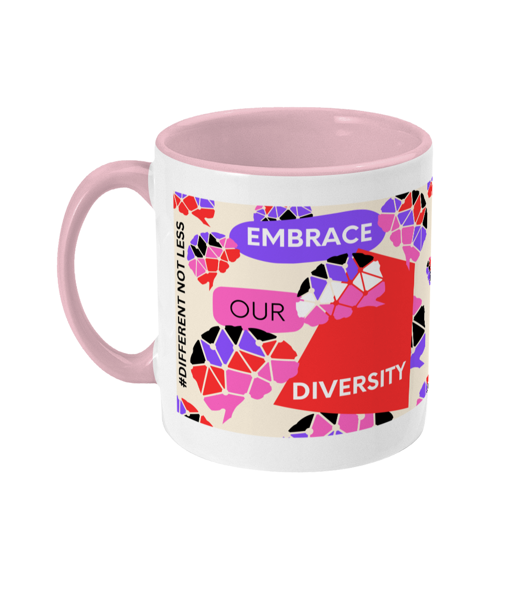 Embrace Our Diversity Two Tone Mug - Red/Purple Design with Pink Background