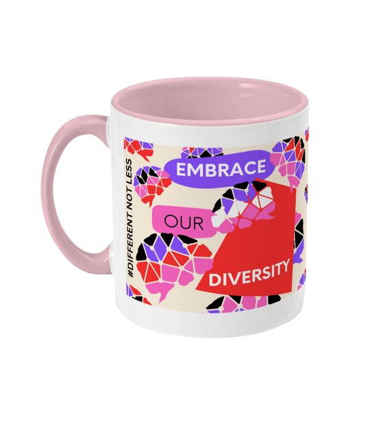 Embrace Our Diversity Two Tone Mug - Red/Purple Design with Pink Background