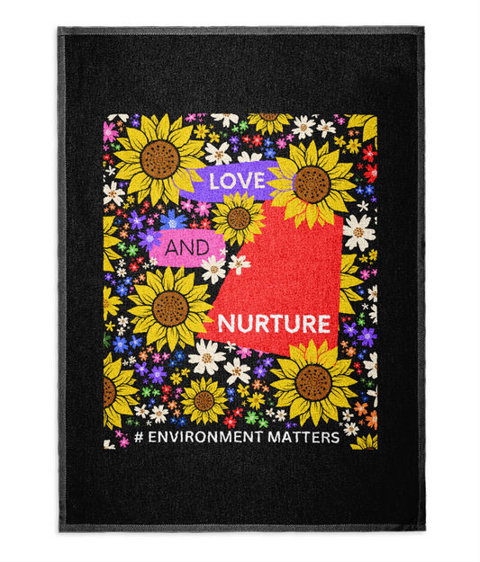 Love and Nurture #Environment Matters Black Tea Towel - Red/Purple Design