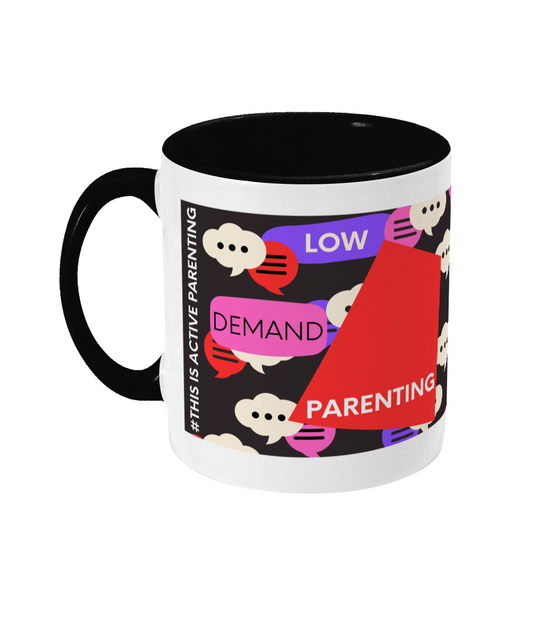 Low Demand Parenting Two Tone Mug - Red/Purple Design with Black Background (Various Handle and Inner Colours Available)