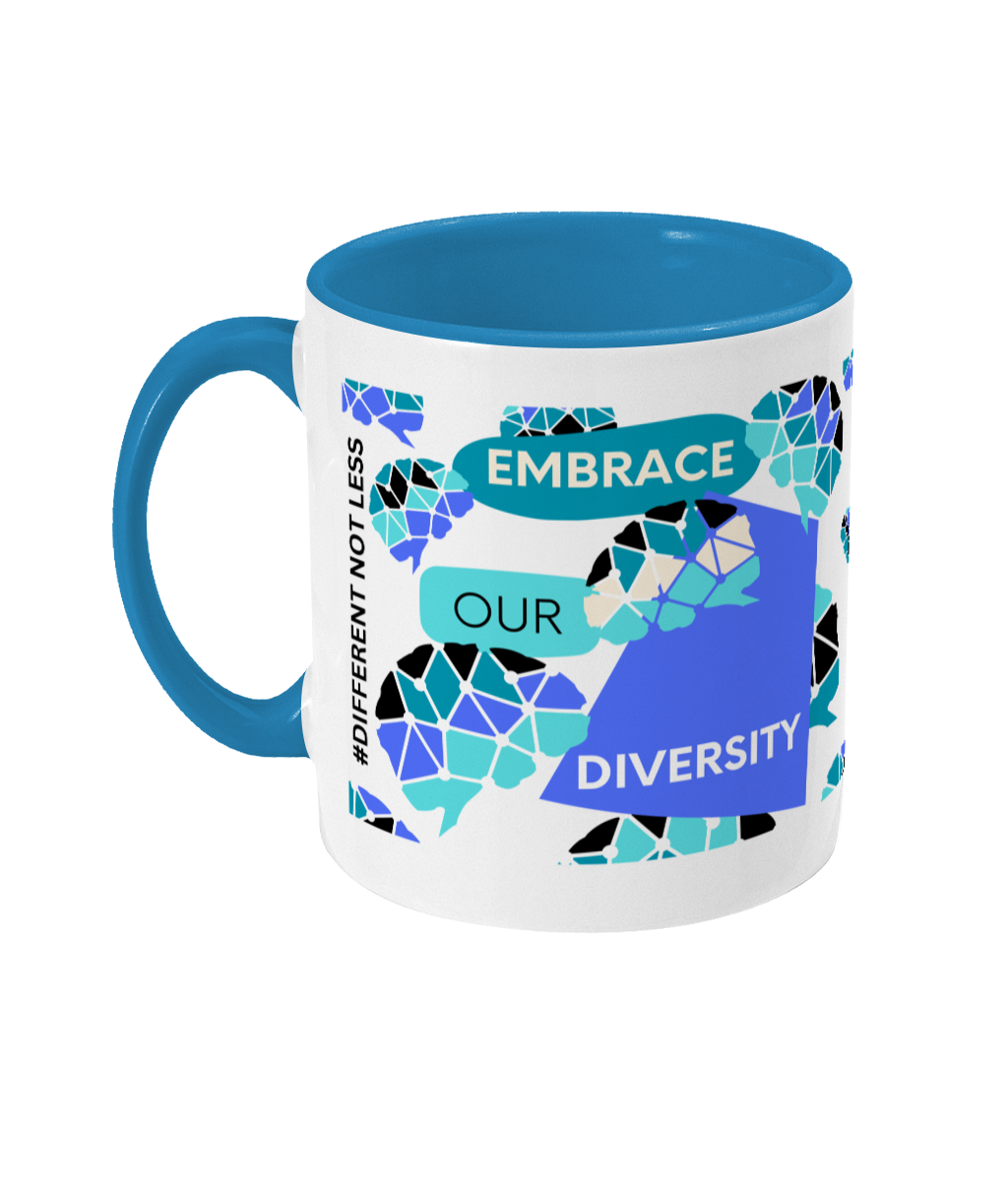 Embrace Our Diversity Two Tone Mug - Blue/Teal with No Background (Various Handle and Inner Colours Available)