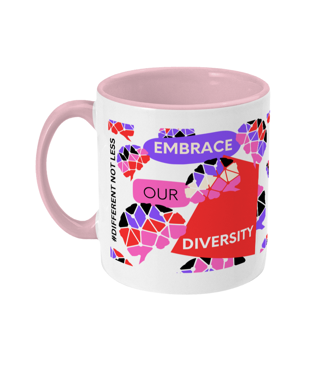 Embrace Our Diversity Two Tone Mug - Red/Purple Design with No Background (Various Handle and Inner Colours Available)