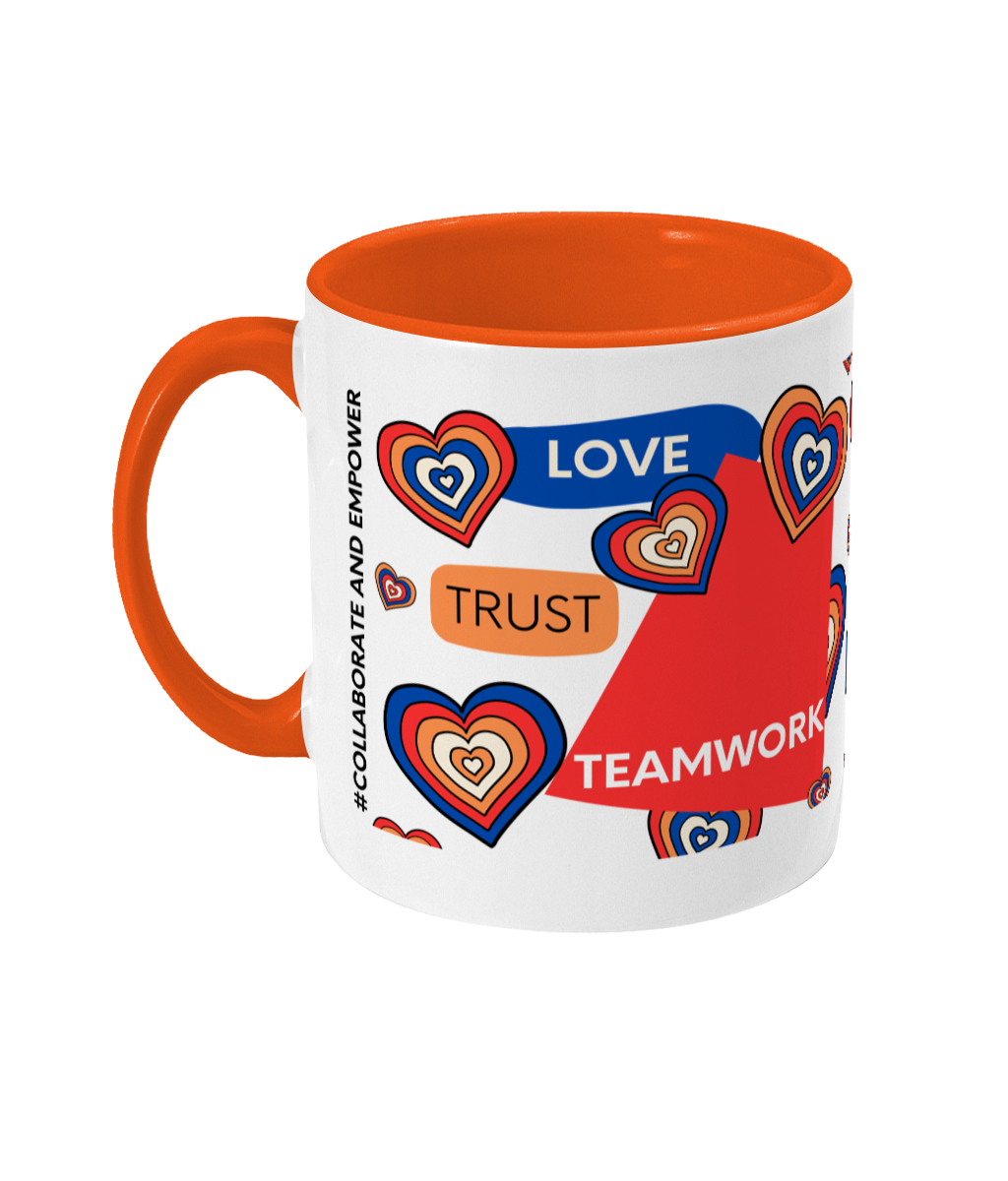 Love, Trust, Teamwork Two Tone Mug - Red/Blue Design with No Background (Various Handle and Inner Colours Available)