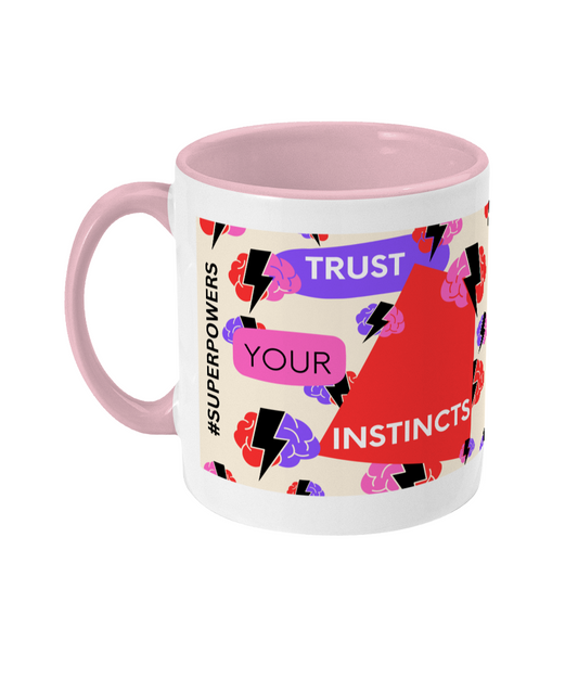 Trust Your Instincts Two Tone Mug - Red/Purple Design with Pink Background