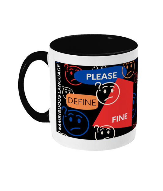 Please Define Fine Two Tone Mug - Red/Blue Design with Black Background (Various Handle and Inner Colours Available)