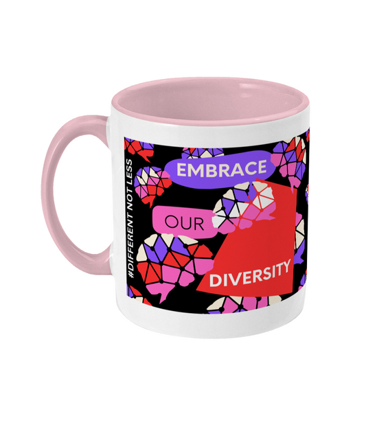 Embrace Our Diversity Two Tone Mug - Red/Purple Design with Black Background (Various Handle and Inner Colours Available)