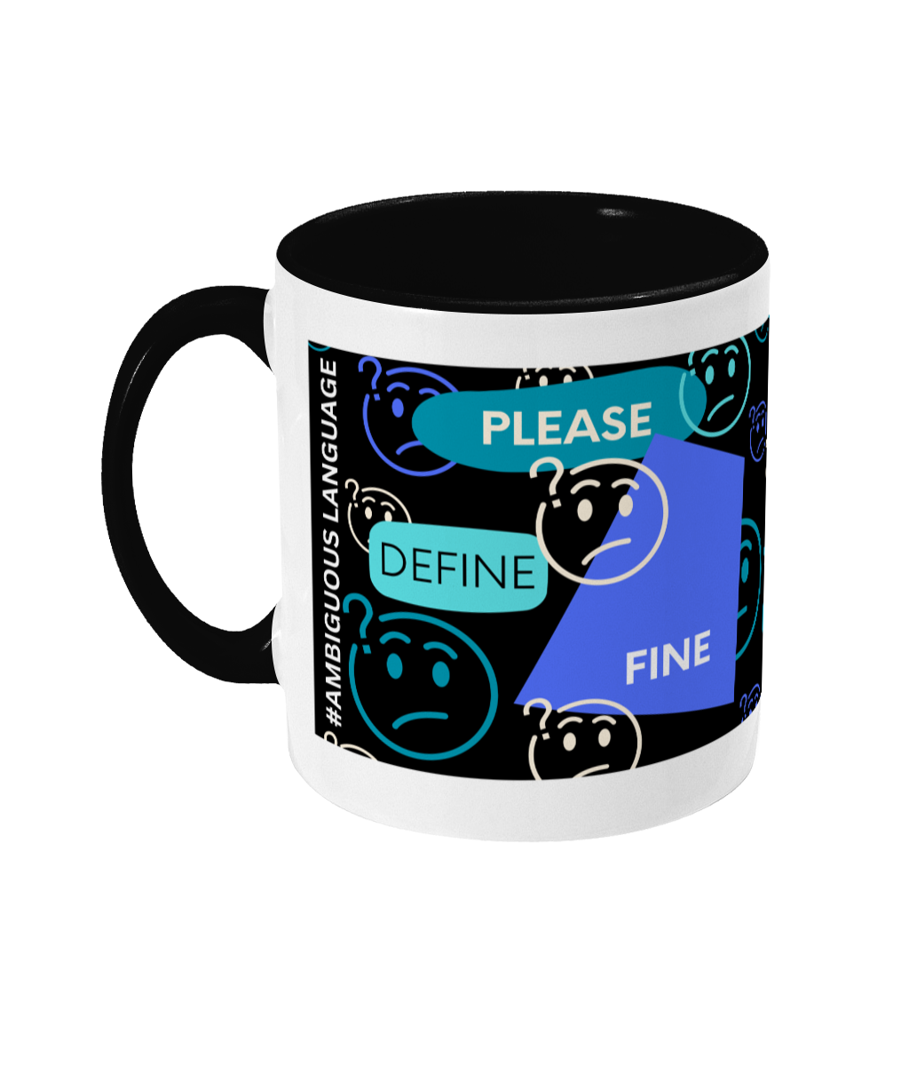 Please Define Fine Two Tone Mug - Blue/Teal Design with Black Background (Various Handle and Inner Colours Available)