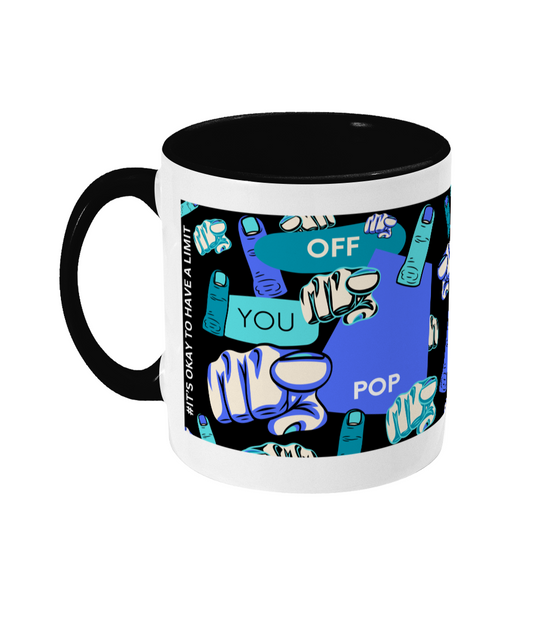 Off You Pop Two Tone Mug - Blue/Teal Design with Black Background (Various Handle and Inner Colours Available)