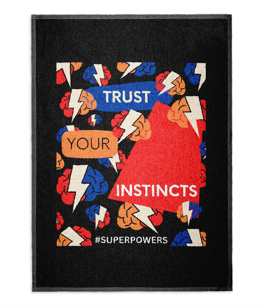 Trust Your Instincts Black Tea Towel - Red/Blue Design