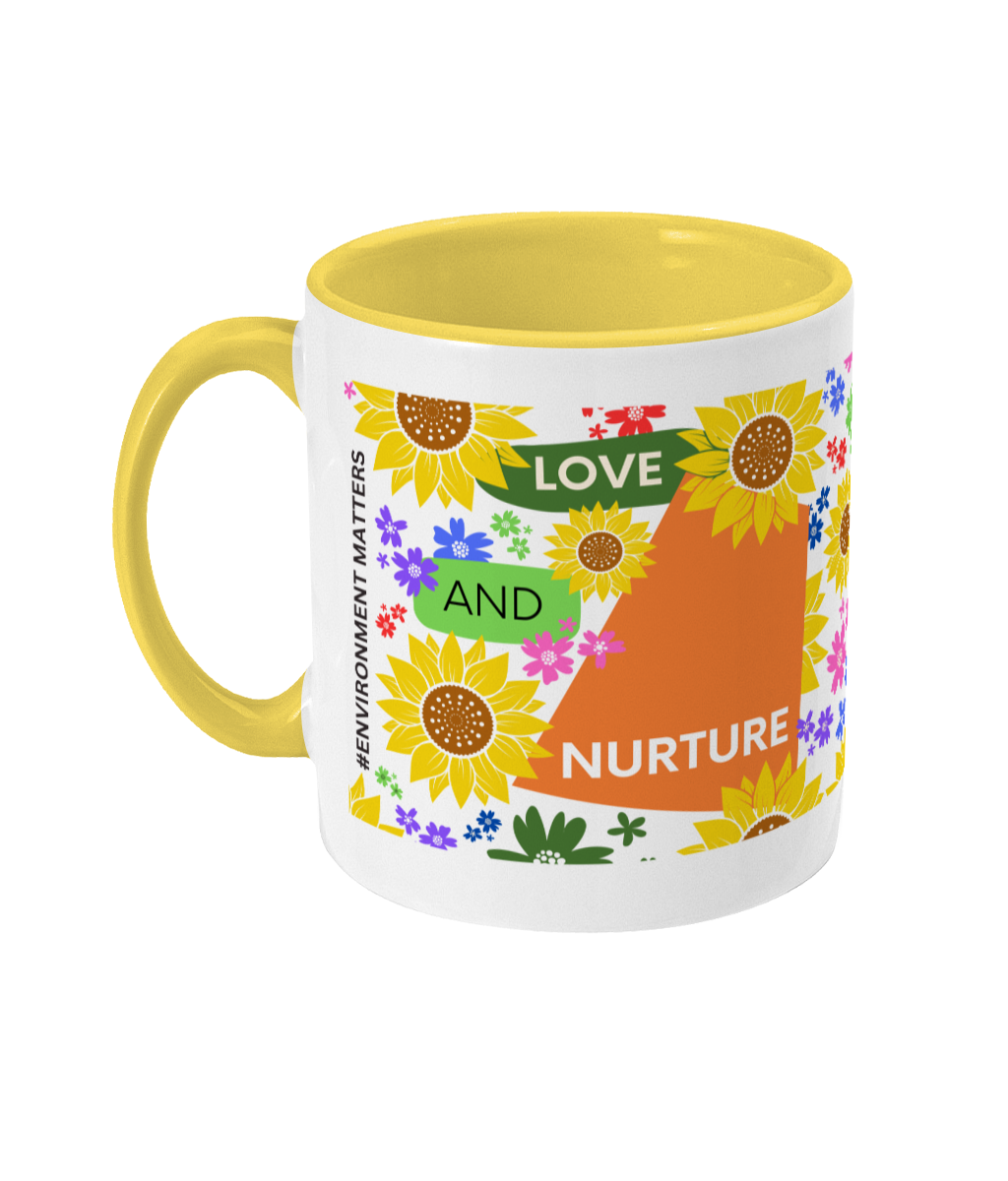 Love and Nurture Two Tone Mug - Orange/Green Design with No Background