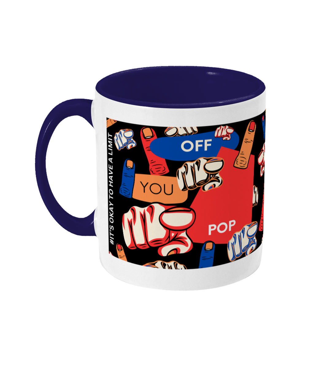 Off You Pop Two Tone Mug - Red/Blue Design with Black Background (Various Handle and Inner Colours Available)