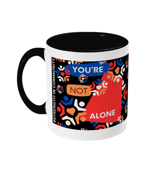 You’re Not Alone Two Tone Mug - Red/Blue Design with Black Background (Various Handle and Inner Colours Available)