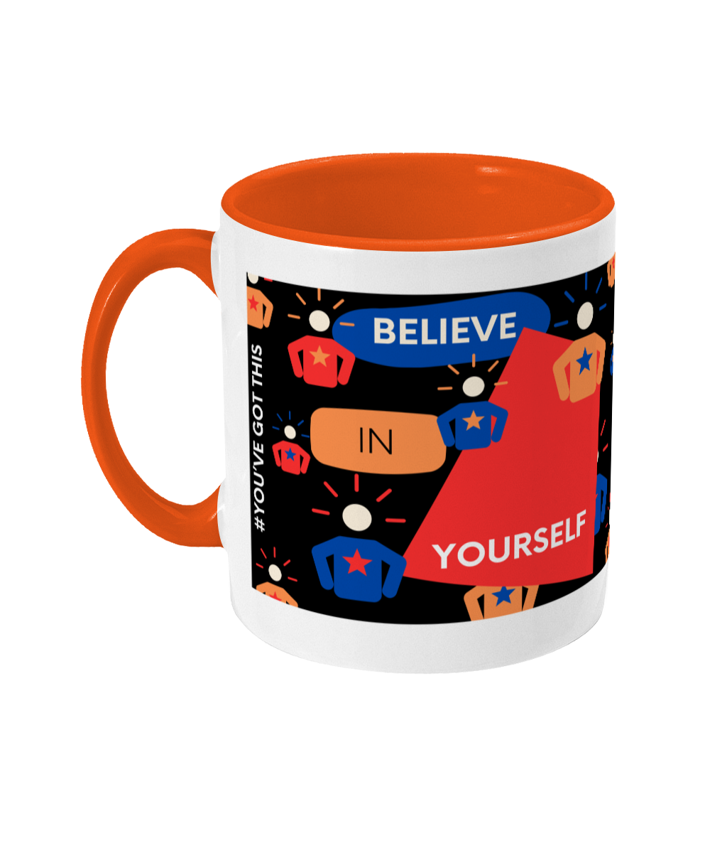 Believe In Yourself Two Tone Mug - Red/Blue Design with Black Background (Various Handle and Inner Colours Available)